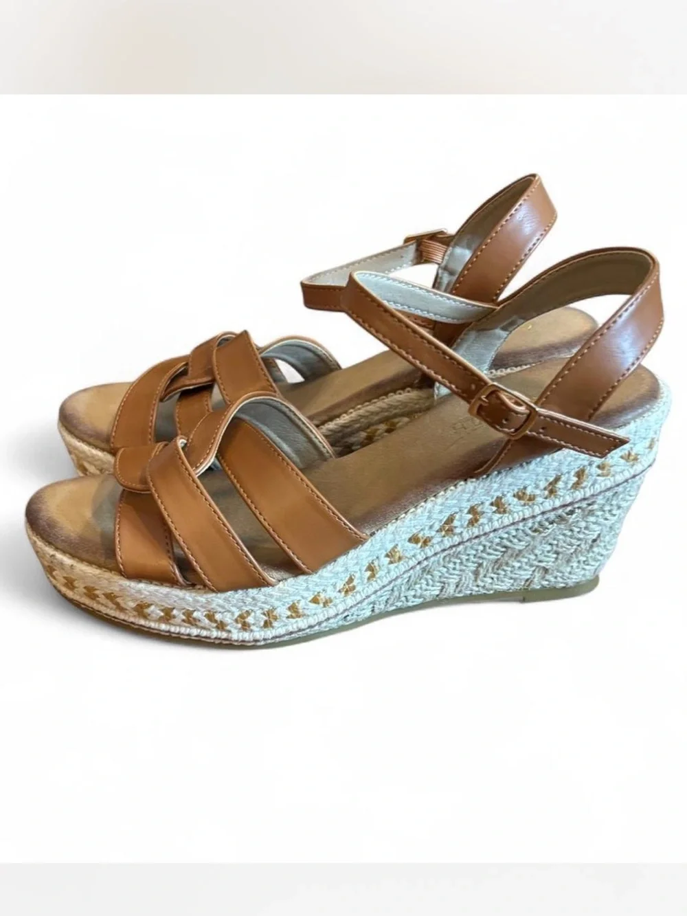 Women's boho Tan woven Wedge Sandals with Ankle Strap